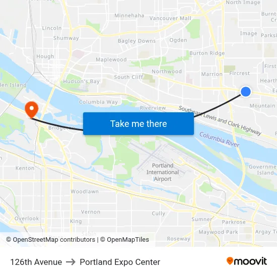 126th Avenue to Portland Expo Center map