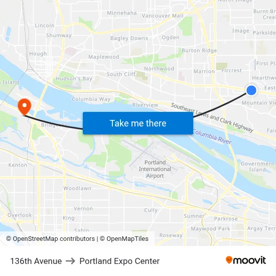 136th Avenue to Portland Expo Center map