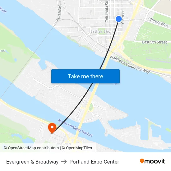 Evergreen & Broadway to Portland Expo Center map