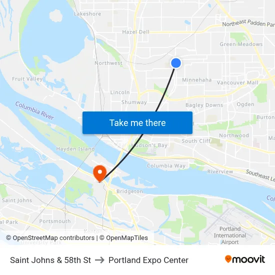 Saint Johns & 58th St to Portland Expo Center map