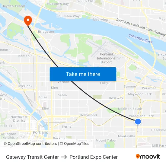 Gateway Transit Center to Portland Expo Center map