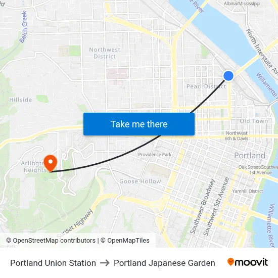 Portland Union Station to Portland Japanese Garden map