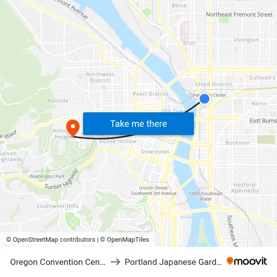 Oregon Convention Center to Portland Japanese Garden map