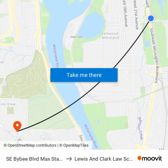 SE Bybee Blvd Max Station to Lewis And Clark Law School map