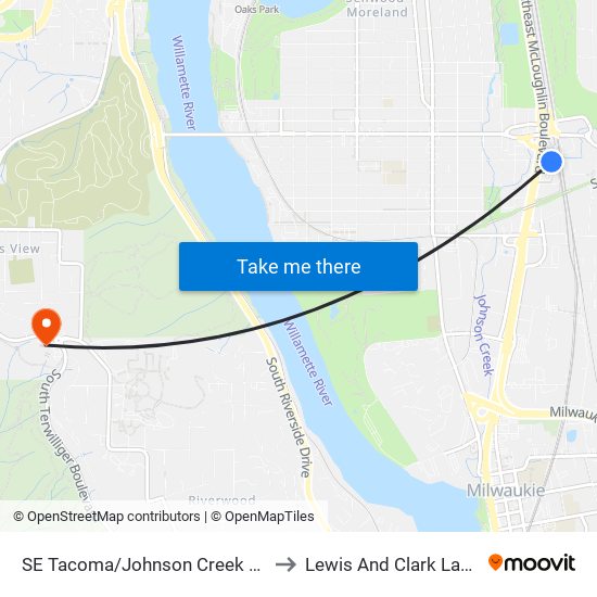 SE Tacoma/Johnson Creek Max Station to Lewis And Clark Law School map