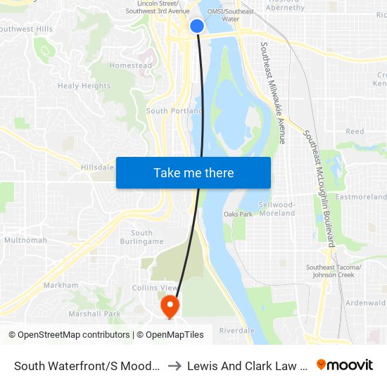 South Waterfront/S Moody (East) to Lewis And Clark Law School map