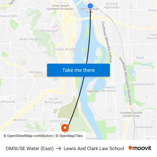 OMSI/SE Water (East) to Lewis And Clark Law School map