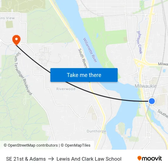 SE 21st & Adams to Lewis And Clark Law School map