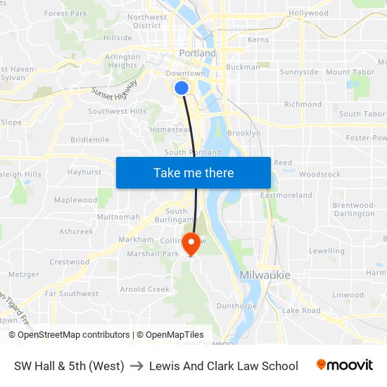 SW Hall & 5th (West) to Lewis And Clark Law School map