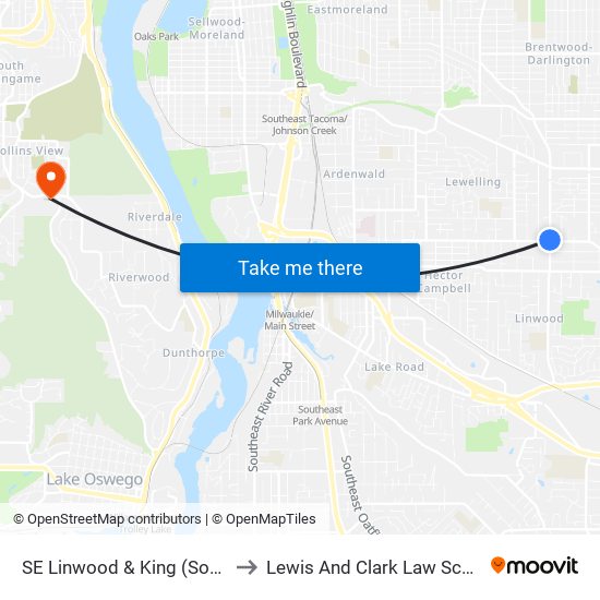 SE Linwood & King (South) to Lewis And Clark Law School map