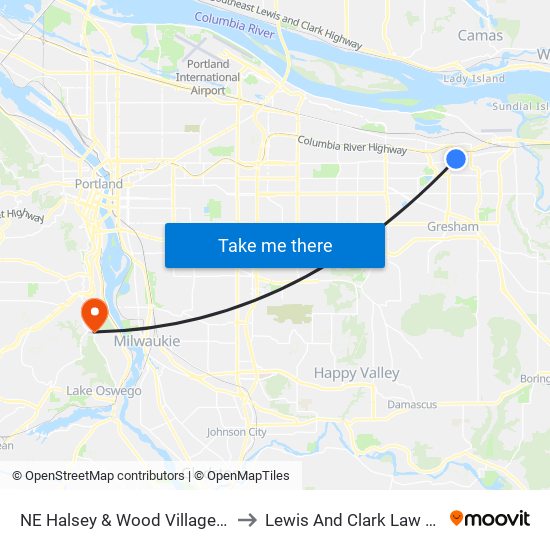 NE Halsey & Wood Village (West) to Lewis And Clark Law School map