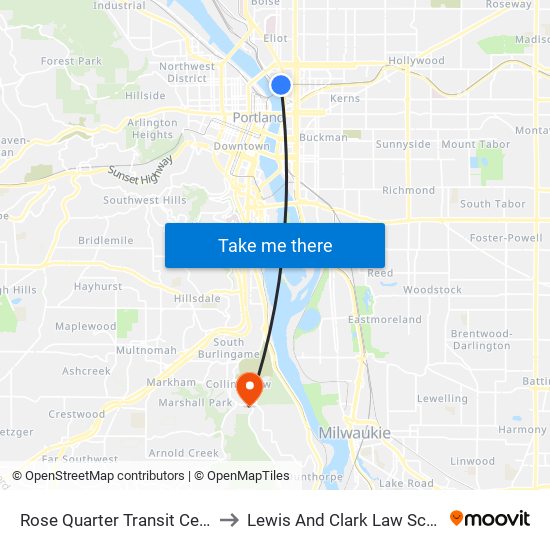 Rose Quarter Transit Center to Lewis And Clark Law School map