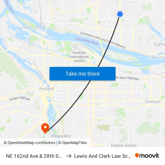 NE 162nd Ave & 28th St NB to Lewis And Clark Law School map