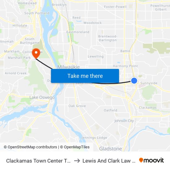 Clackamas Town Center TC (East) to Lewis And Clark Law School map