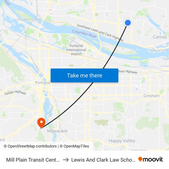 Mill Plain Transit Center to Lewis And Clark Law School map