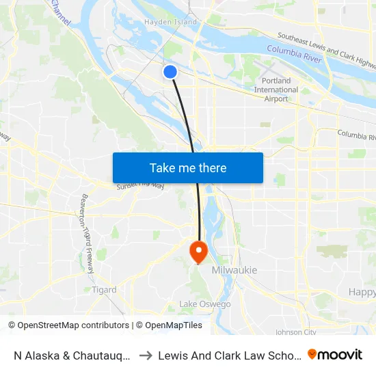 N Alaska & Chautauqua to Lewis And Clark Law School map