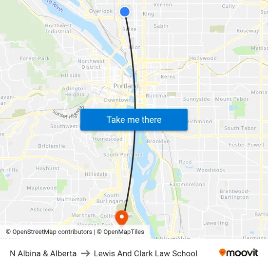 N Albina & Alberta to Lewis And Clark Law School map