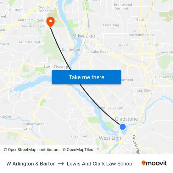 W Arlington & Barton to Lewis And Clark Law School map