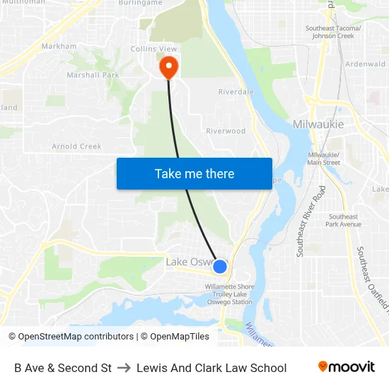 B Ave & Second St to Lewis And Clark Law School map