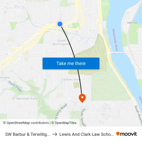 SW Barbur & Terwilliger to Lewis And Clark Law School map