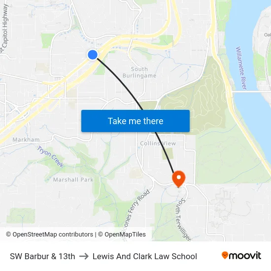 SW Barbur & 13th to Lewis And Clark Law School map