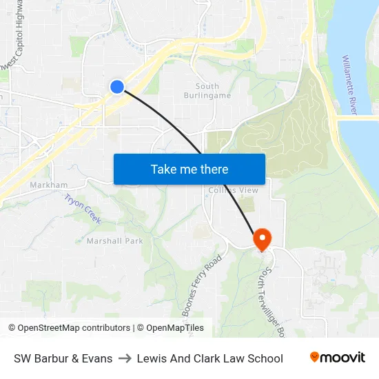SW Barbur & Evans to Lewis And Clark Law School map