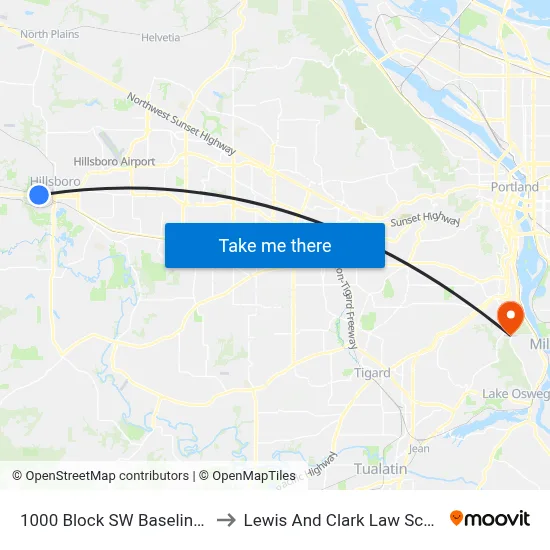 1000 Block SW Baseline St to Lewis And Clark Law School map