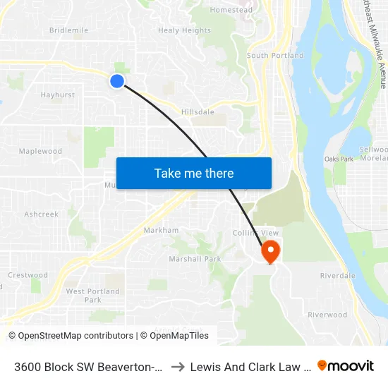 3600 Block SW Beaverton-Hillsdale to Lewis And Clark Law School map