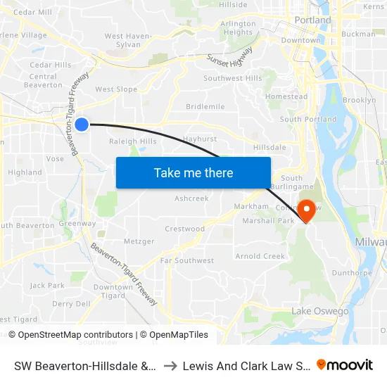 SW Beaverton-Hillsdale & 107th to Lewis And Clark Law School map