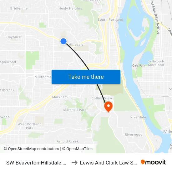 SW Beaverton-Hillsdale & 25th to Lewis And Clark Law School map