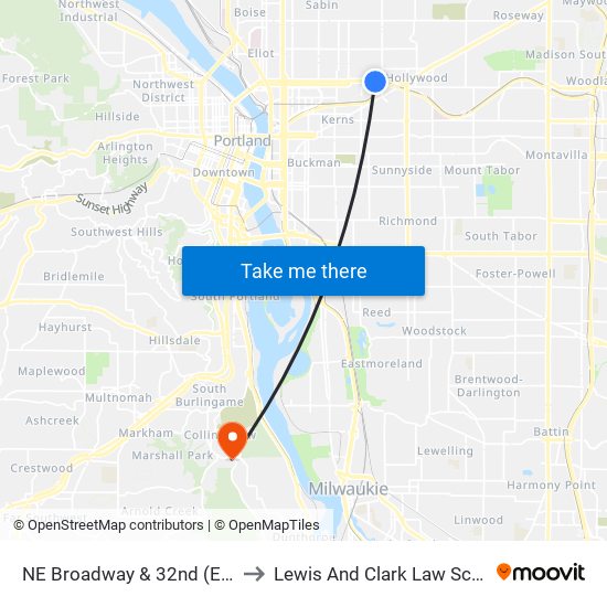 NE Broadway & 32nd (East) to Lewis And Clark Law School map