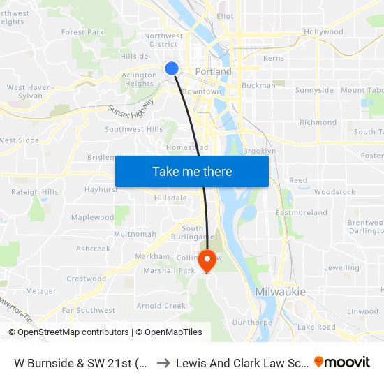 W Burnside & SW 21st (East) to Lewis And Clark Law School map