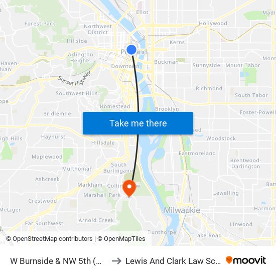 W Burnside & NW 5th (West) to Lewis And Clark Law School map