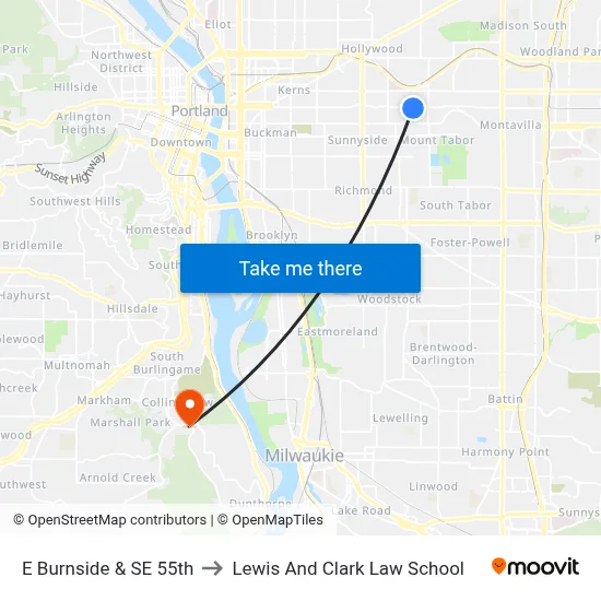 E Burnside & SE 55th to Lewis And Clark Law School map