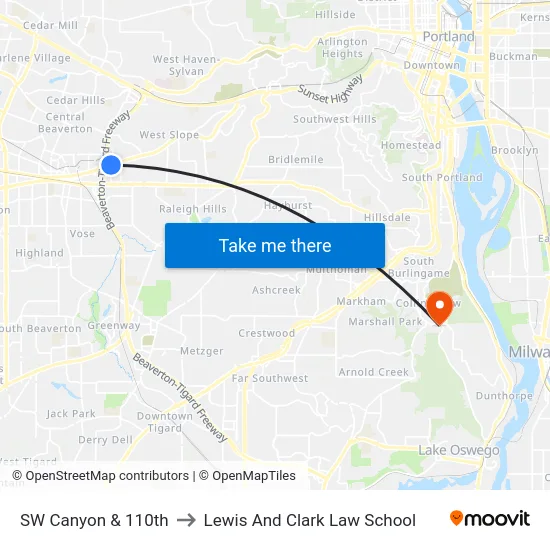 SW Canyon & 110th to Lewis And Clark Law School map