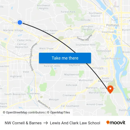 NW Cornell & Barnes to Lewis And Clark Law School map
