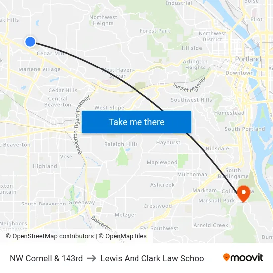 NW Cornell & 143rd to Lewis And Clark Law School map