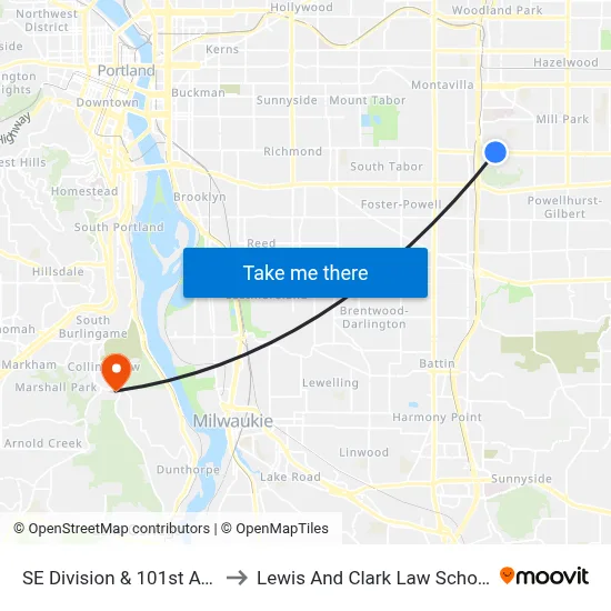 SE Division & 101st Ave to Lewis And Clark Law School map