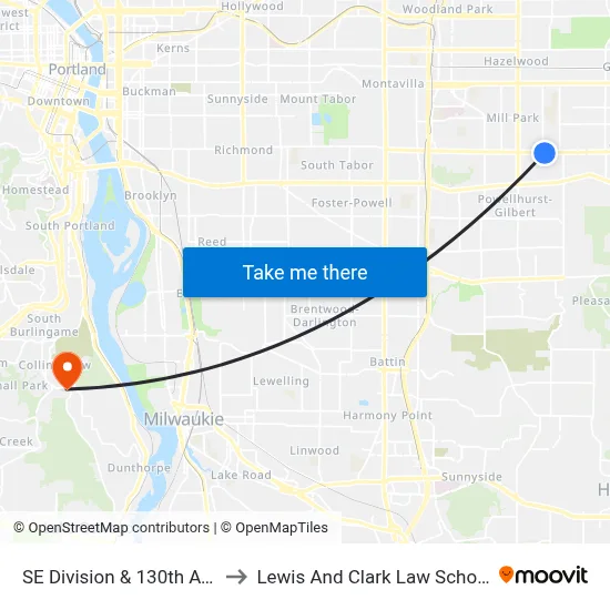 SE Division & 130th Ave to Lewis And Clark Law School map