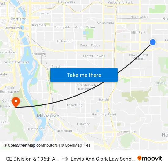 SE Division & 136th Ave to Lewis And Clark Law School map