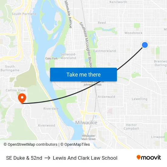 SE Duke & 52nd to Lewis And Clark Law School map