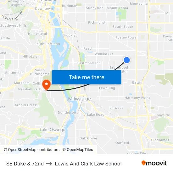 SE Duke & 72nd to Lewis And Clark Law School map