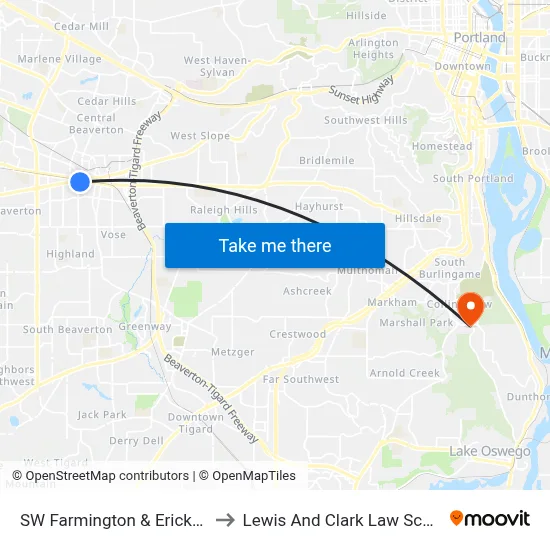 SW Farmington & Erickson to Lewis And Clark Law School map