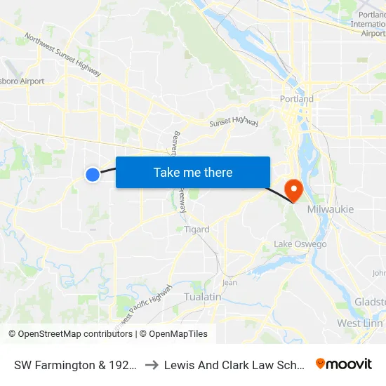 SW Farmington & 192nd to Lewis And Clark Law School map