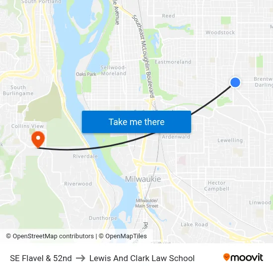 SE Flavel & 52nd to Lewis And Clark Law School map