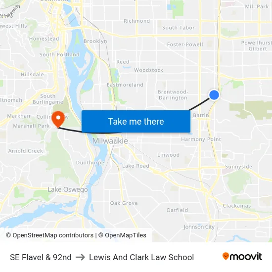 SE Flavel & 92nd to Lewis And Clark Law School map