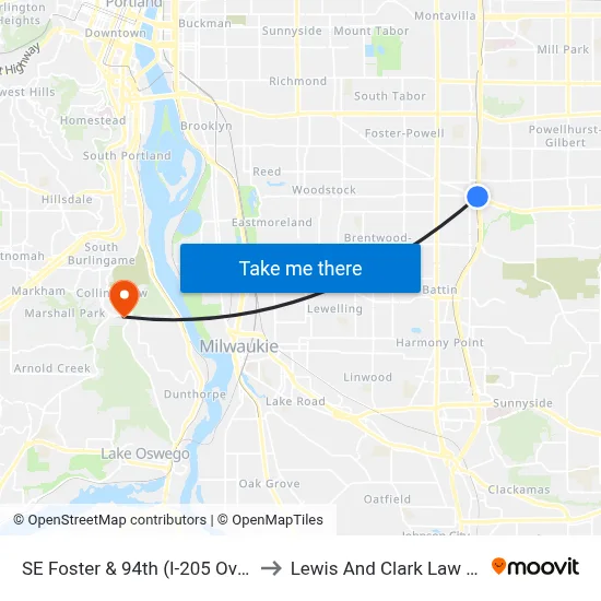 SE Foster & 94th (I-205 Overpass) to Lewis And Clark Law School map