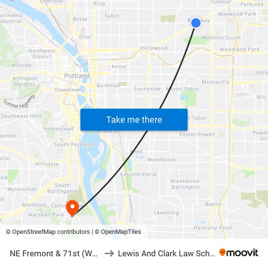 NE Fremont & 71st (West) to Lewis And Clark Law School map