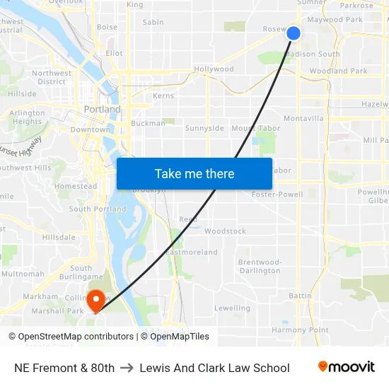 NE Fremont & 80th to Lewis And Clark Law School map
