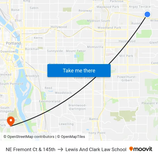 NE Fremont Ct & 145th to Lewis And Clark Law School map